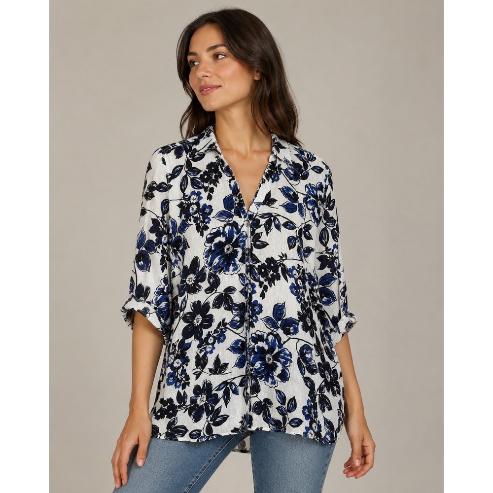 R100% Linen Rachel Roy Blue Floral Button Down Shirt Womens Medium